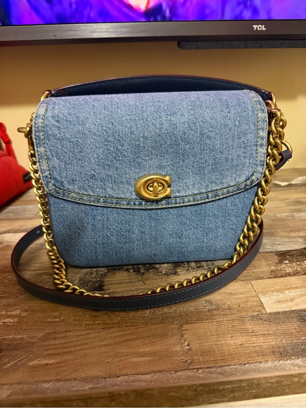 Coach Denim Shoulder Bag with Gold Hardware and Navy Trim - Picture 2 of 3
